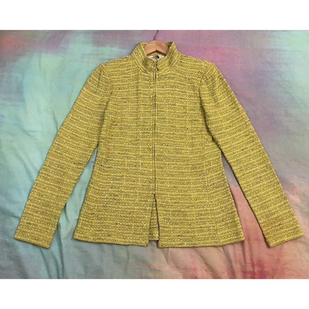 ST JOHN COLLECTION Santana knit yellow green Suit jacket Tweed Zip Luxury Sz 10